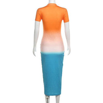 Short sleeve crewneck stitch contrast hollow out cut out midi dress