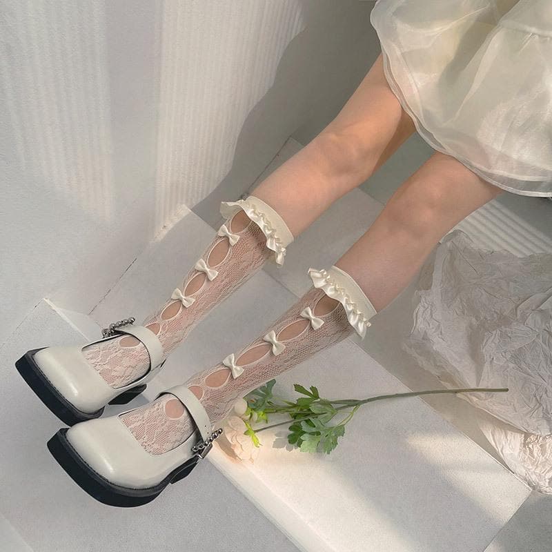 Lace hollow out bowknot satin ruffle long socks
