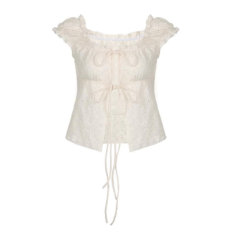 U neck puff sleeve textured ruffle top