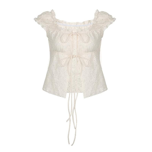 U neck puff sleeve textured ruffle top