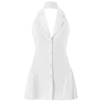 Halter deep V neck button pleated backless mini dress