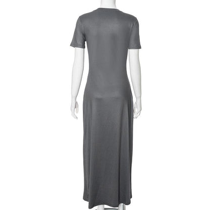 Short sleeve body print high slit maxi dress