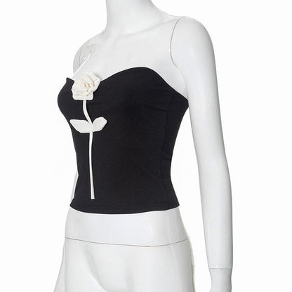 Rose applique ribbed backless tube top