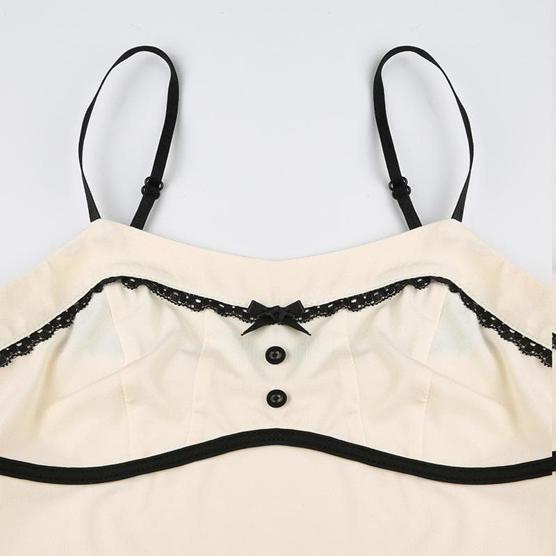 Lace hem button stitch bowknot cami top