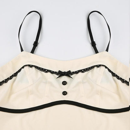 Lace hem button stitch bowknot cami top