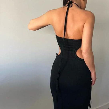 Solid hollow out drawstring backless halter cut out maxi dress
