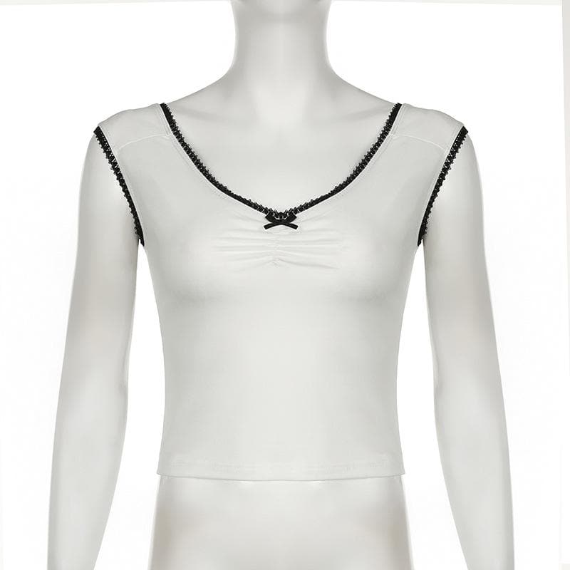 V neck bowknot ruched lace hem top