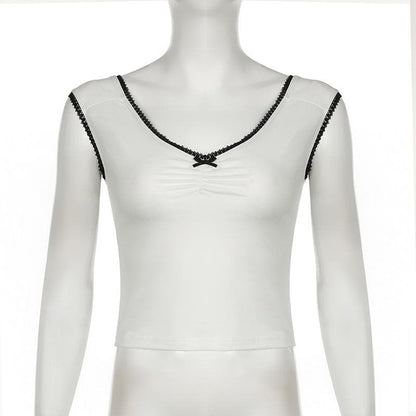 V neck bowknot ruched lace hem top