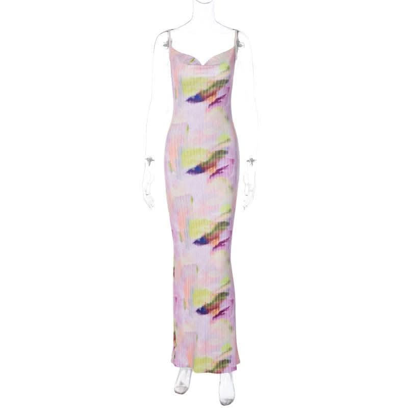 Backless cowl neck v neck contrast print cami maxi dress-final-sale