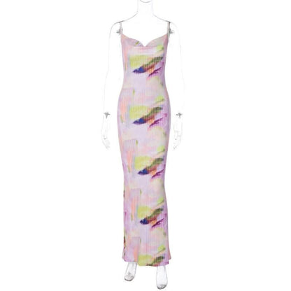 Backless cowl neck v neck contrast print cami maxi dress-final-sale