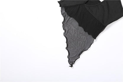 Halter mesh ruffle irregular backless top