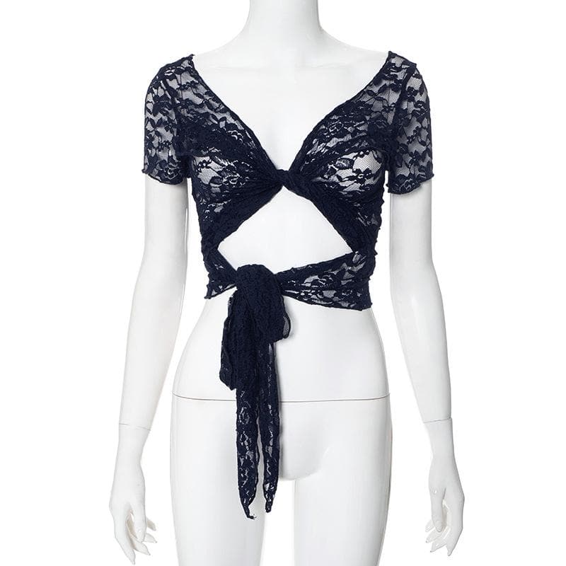 Short sleeve lace 2-way see through top