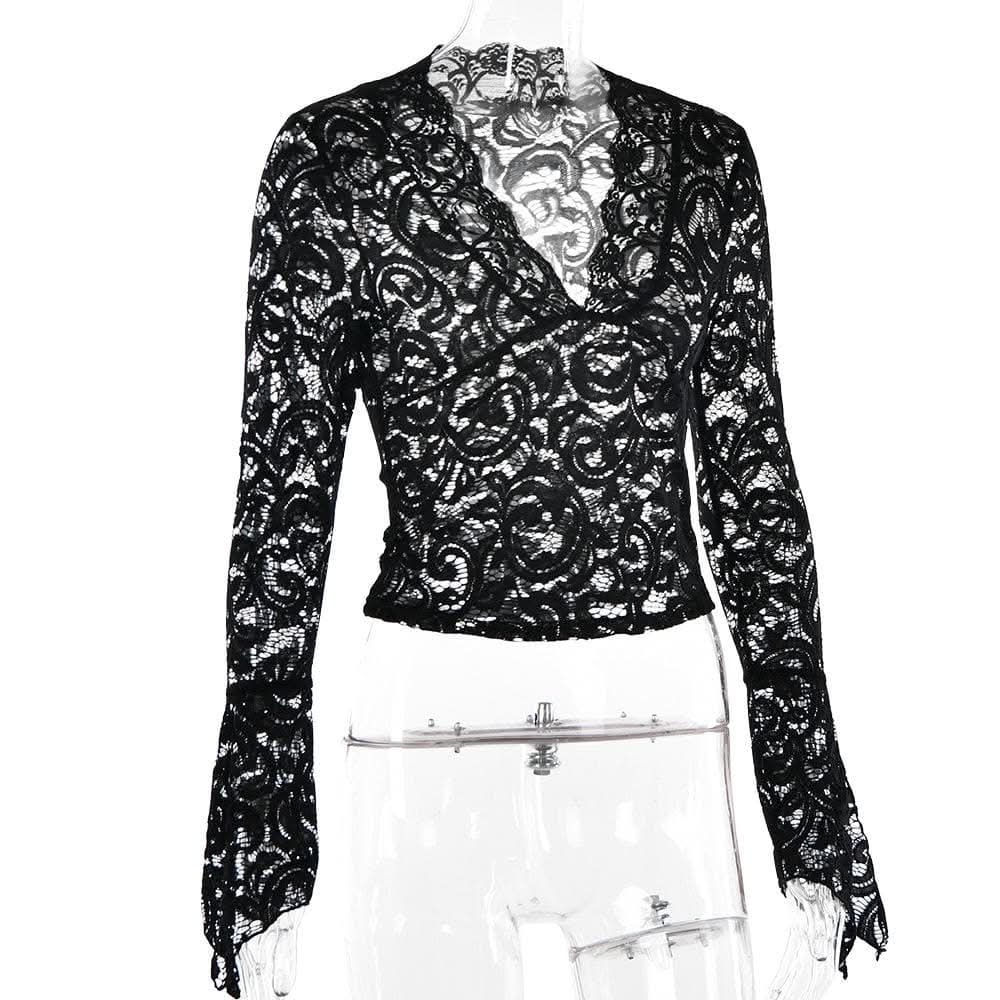 Flared sleeve v neck lace see through solid top-final-sale