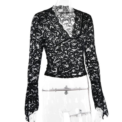 Flared sleeve v neck lace see through solid top-final-sale
