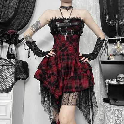 Plaid buckle ruffle spider web tube mini dress