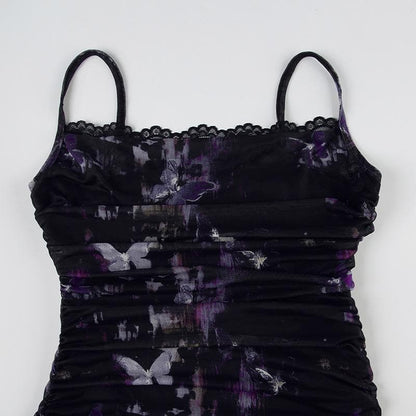 Butterfly print lace hem slit mesh cami maxi dress