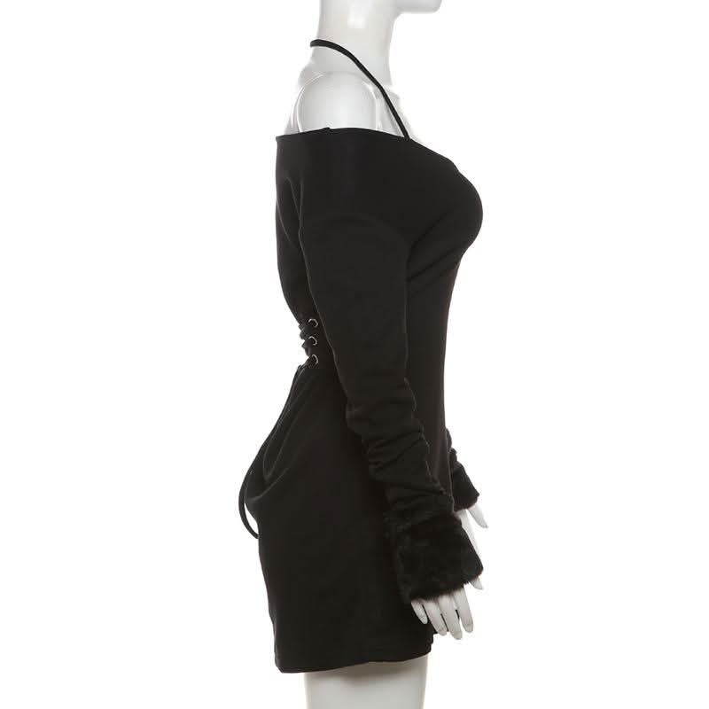 Halter long sleeve off shoulder fluffy mini dress