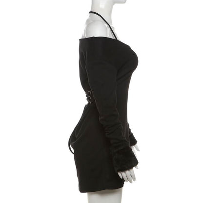 Halter long sleeve off shoulder fluffy mini dress