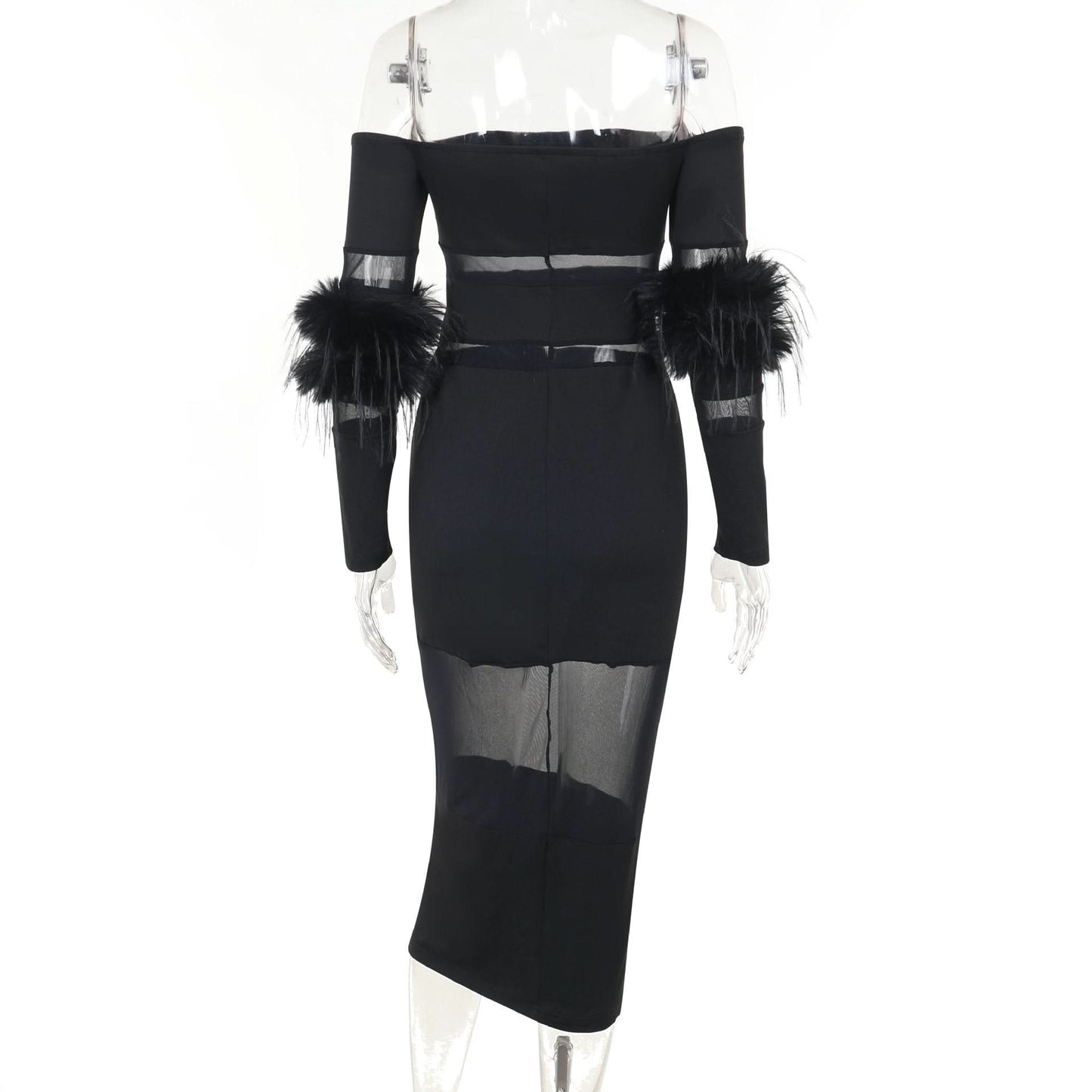 Off shoulder long sleeve fluffy mesh patchwork mini dress