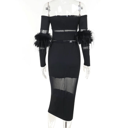 Off shoulder long sleeve fluffy mesh patchwork mini dress