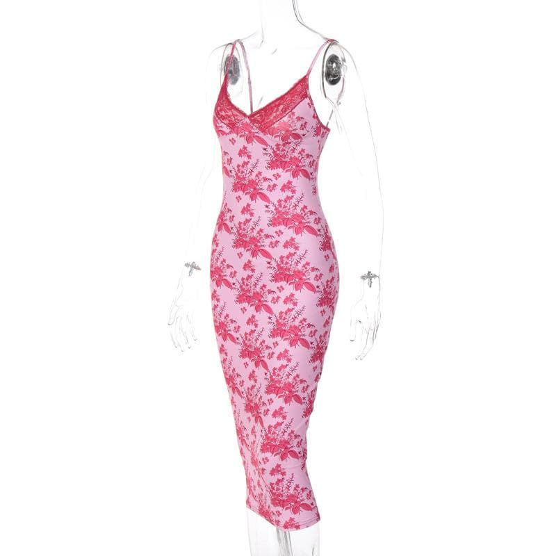 Floral Print Lace Trim Spaghetti Strap V Neck Bodycon Midi Dress