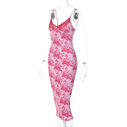 Floral Print Lace Trim Spaghetti Strap V Neck Bodycon Midi Dress