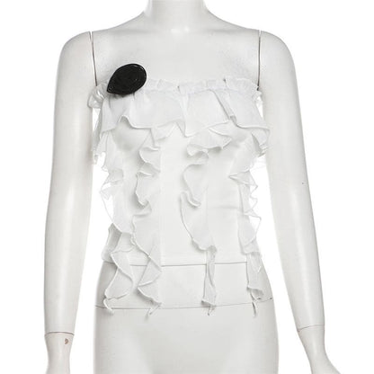 Rose applique ruffle ruched tube top