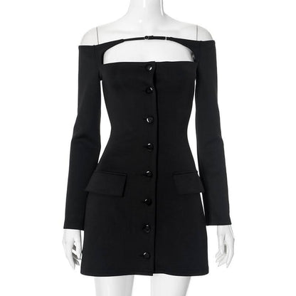 Off shoulder long sleeve button hollow out cut out mini dress