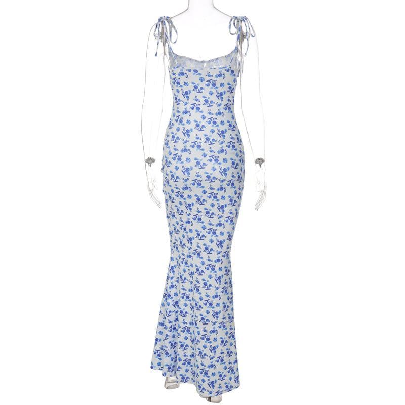 Floral Print Square Neck Tie Front Cami Maxi Dress