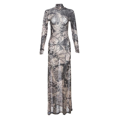 Sheer mesh see through abstract long sleeve high neck maxi dress