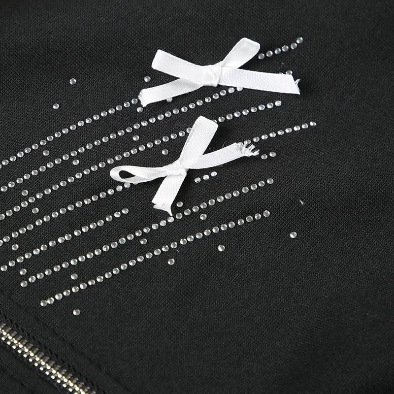 Zip-up beaded fluffy hoodie bowknot long sleeve top