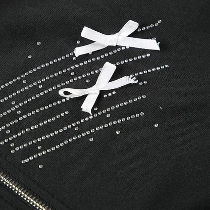 Zip-up beaded fluffy hoodie bowknot long sleeve top