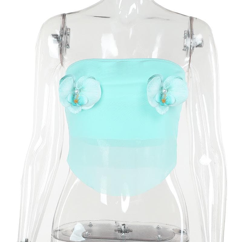 Flower applique mesh patchwork tube top