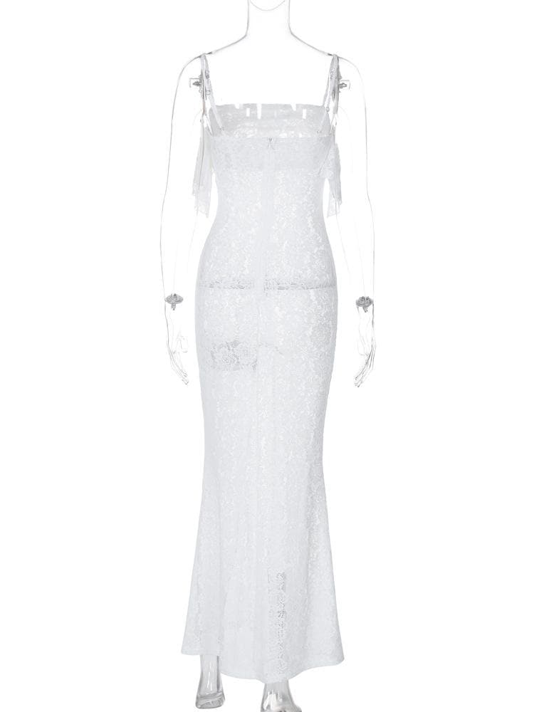 Lace ruched ruffle see through zip-up cami maxi dress