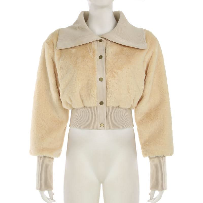 Turnover collar long sleeve button fluffy coat top