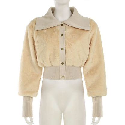 Turnover collar long sleeve button fluffy coat top