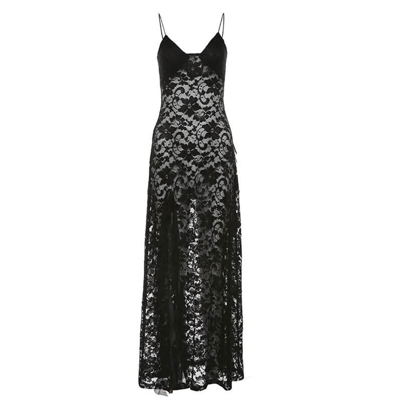 Hollow out v neck lace slit spaghetti strap cut out maxi dress