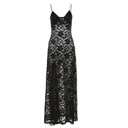 Hollow out v neck lace slit spaghetti strap cut out maxi dress