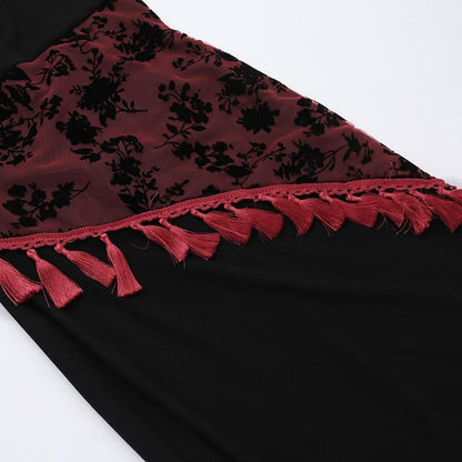 U neck lace print tassels backless cami midi dress