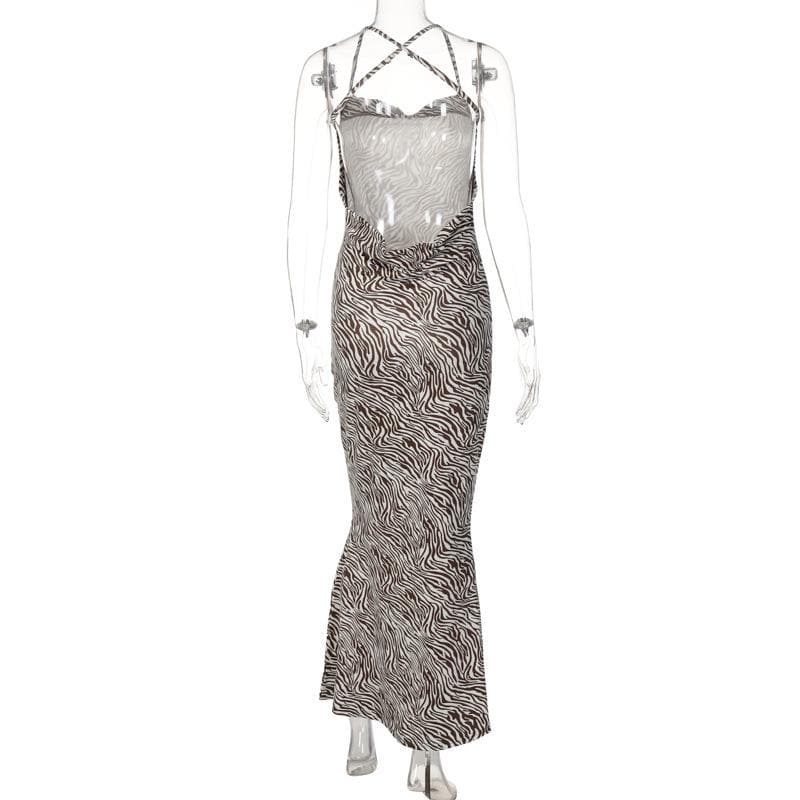 Zebra Print Criss Cross Back Cowl Neck Mermaid Maxi Dress