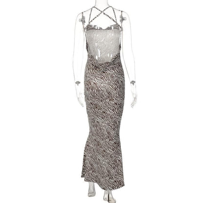 Zebra Print Criss Cross Back Cowl Neck Mermaid Maxi Dress