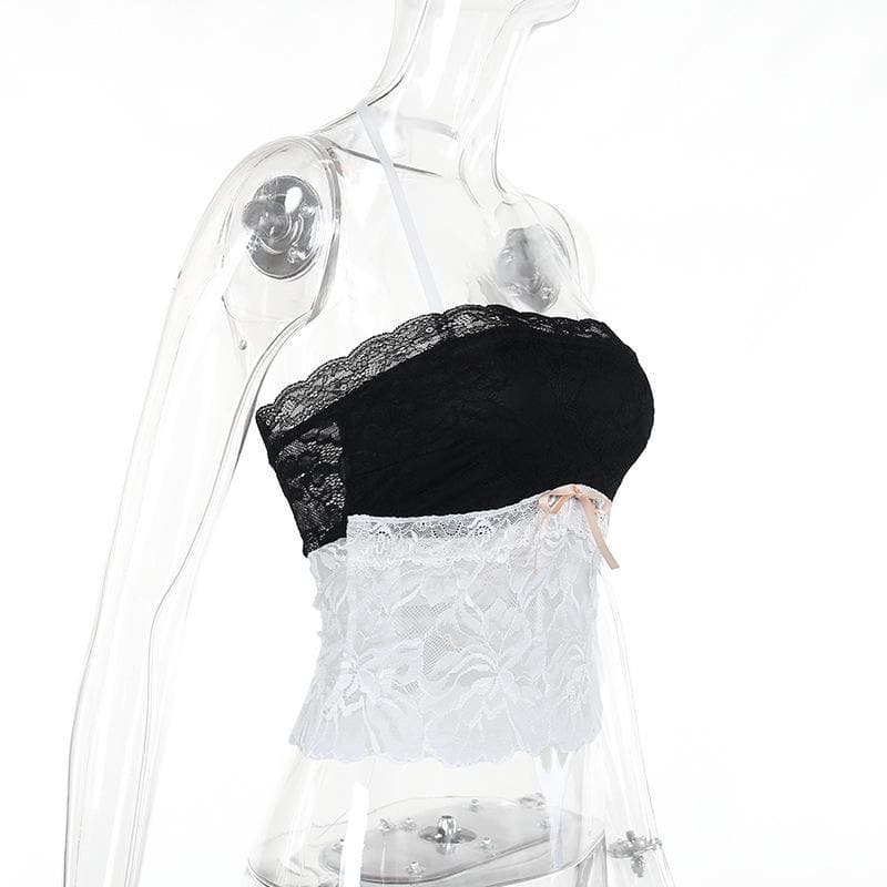 Halter bowknot lace contrast backless see through crop top