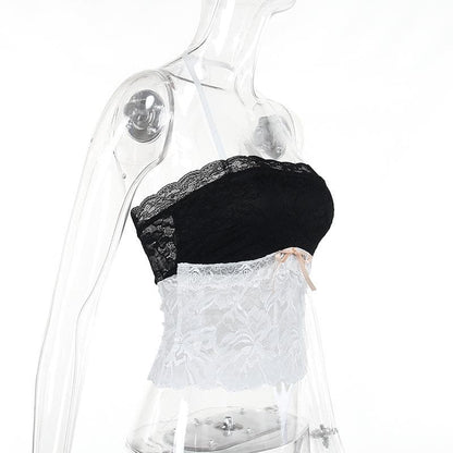 Halter bowknot lace contrast backless see through crop top