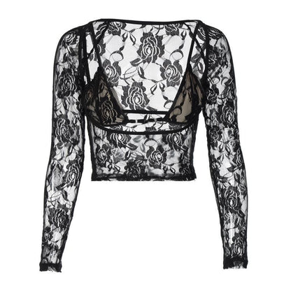 Long sleeve hollow out contrast lace 2 piece cut out top
