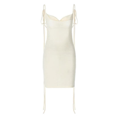 Cowl neck self tie backless ribbon solid mini dress