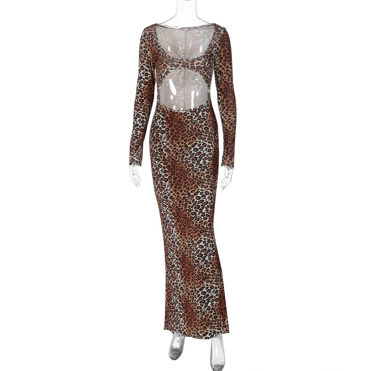 Long sleeve leopard print hollow out u neck cut out maxi dress
