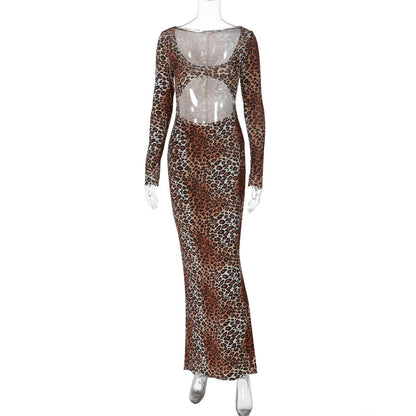 Long sleeve leopard print hollow out u neck cut out maxi dress