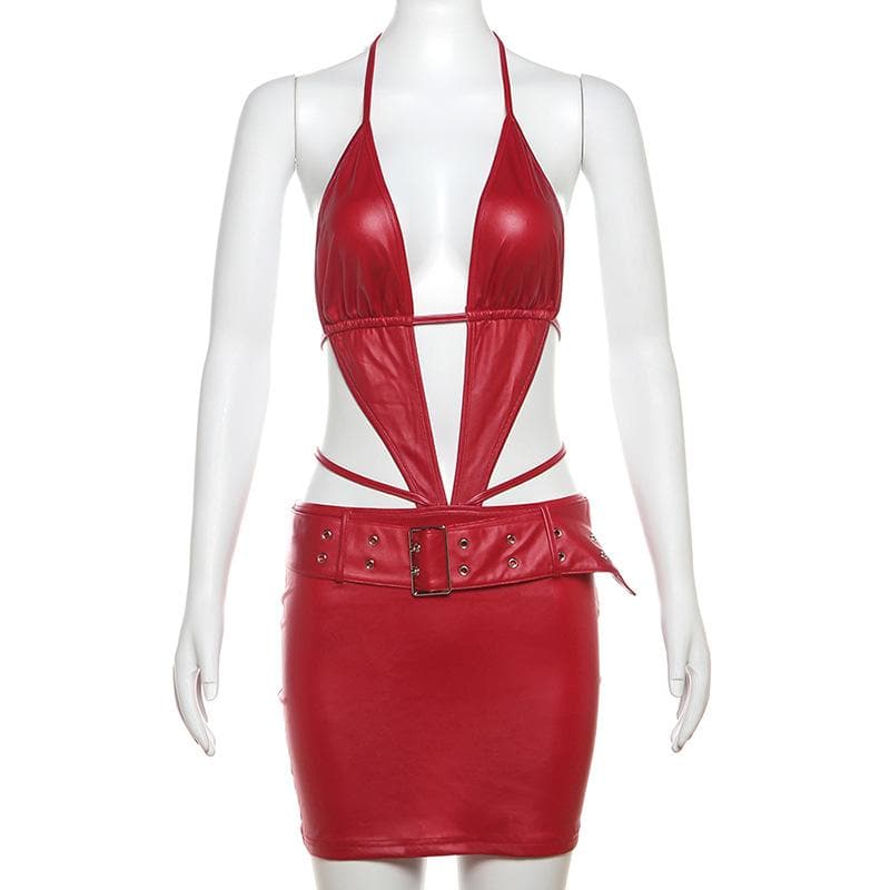 Halter buckle deep PU leather v neck backless mini dress