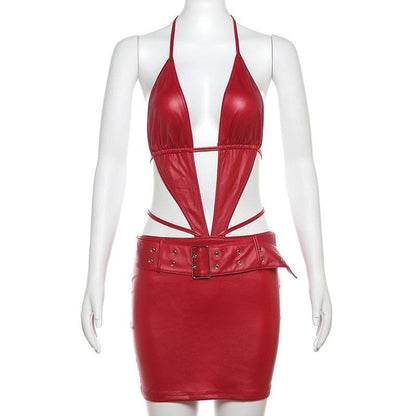 Halter buckle deep PU leather v neck backless mini dress