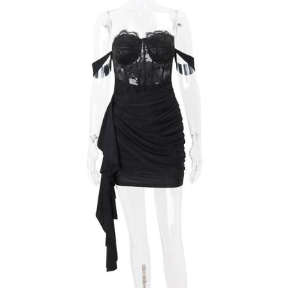 Irregular lace hem ruched solid tube mini dress